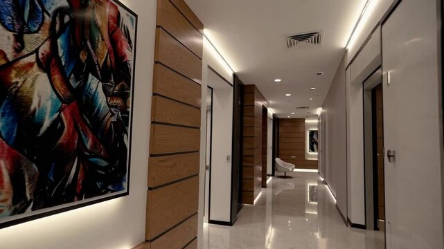 Modern interior of luxury clinic hallway, Marble floor design for office or hospital, with plants. Business building concept