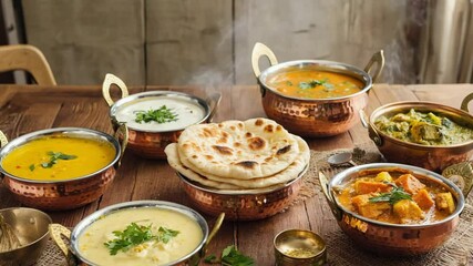 Healthy hot vegetarian food on table in bowls, indian cuisine from stove to table