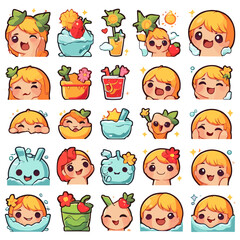 Cute Summer Girl Emoji Sticker Collection with Tropical Elements and Kawaii Style Characters