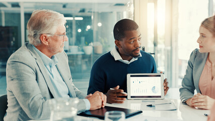 Group presentation, businessman and tablet screen with graph, investment stats and planning....