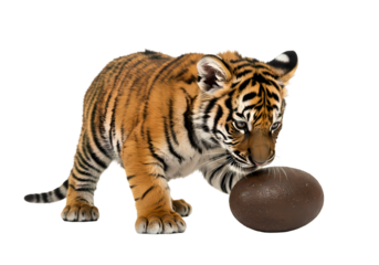 Young Tiger Cub Investigating a Large Ball isolated on transparent baackground