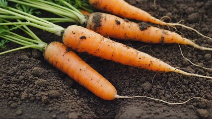 Freshly picked carrots are lying on the ground, they haven't been washed yet, they've just been harvested and pulled out of the ground