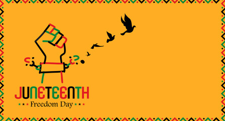 Fototapeta premium June 19 Juneteenth Poster, Fist with Breaking Chain Turning into Dove, Copy Space for Message