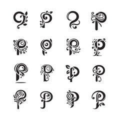 Stylish Letter P Logo Set Featuring Vine Fluid Elements, Decorative Monogram Alphabet P Symbols, Modern Botanical and Plant Themed Vector Icons

