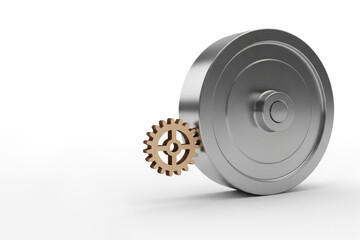 A small wooden gear slows down a metal flywheel. Space for text.