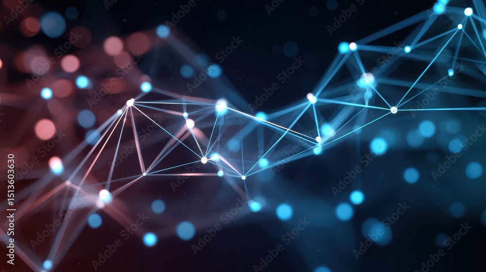 Poster abstract digital network design with glowing lines and blurred dots in red and blue tones.
