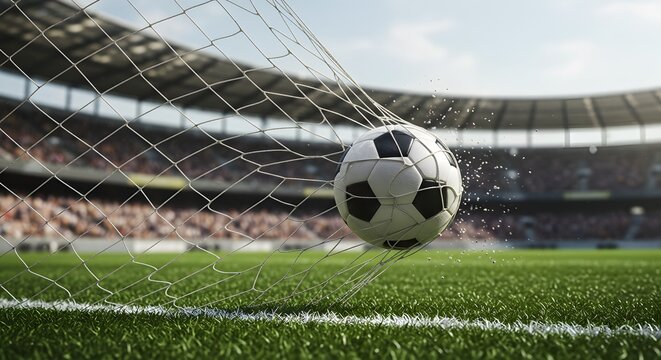 Soccer ball hitting the net in slow motion