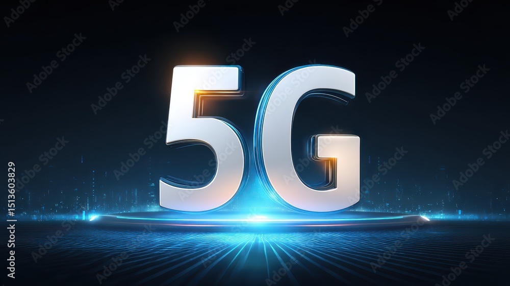 Poster futuristic representation of 5g technology with glowing elements and a digital backdrop.
