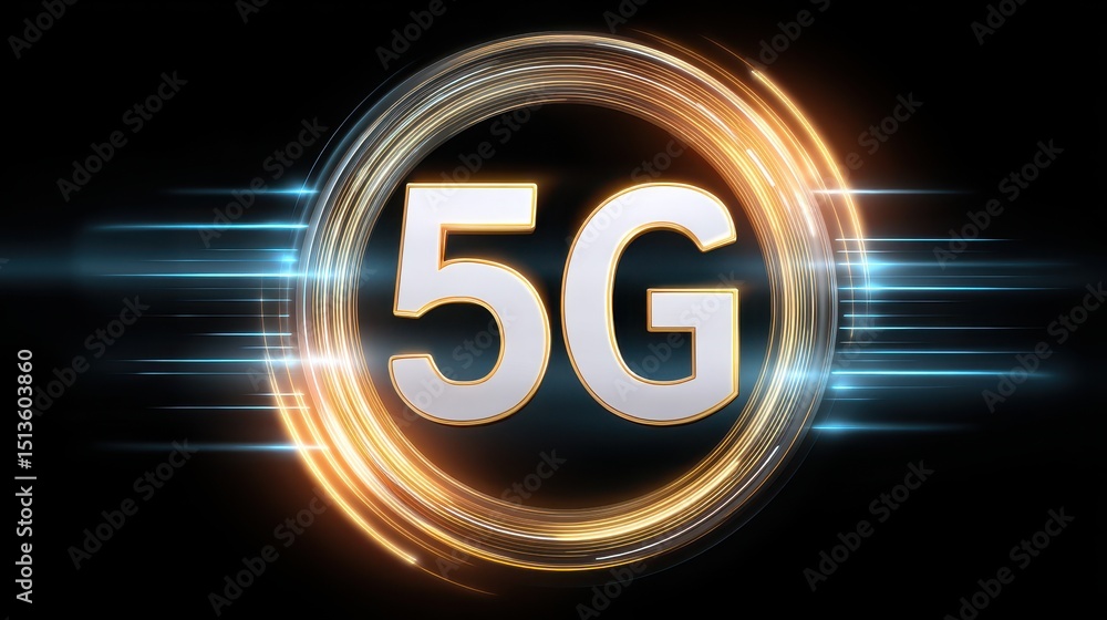 Poster 5g technology symbol with dynamic light effects, representing speed and connectivity.