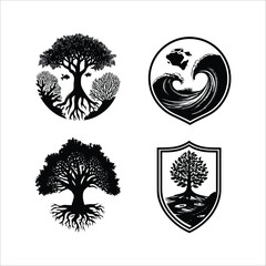 Fototapeta premium Four nature themed black and white logos featuring trees and waves in various circular and shield shapes