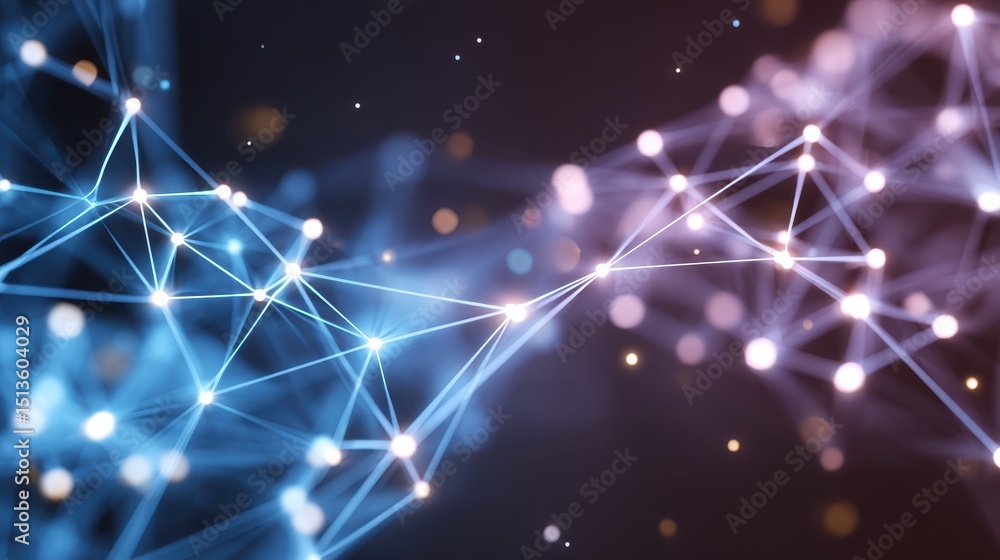 Poster abstract digital network with glowing nodes and connecting lines in blue and purple hues.