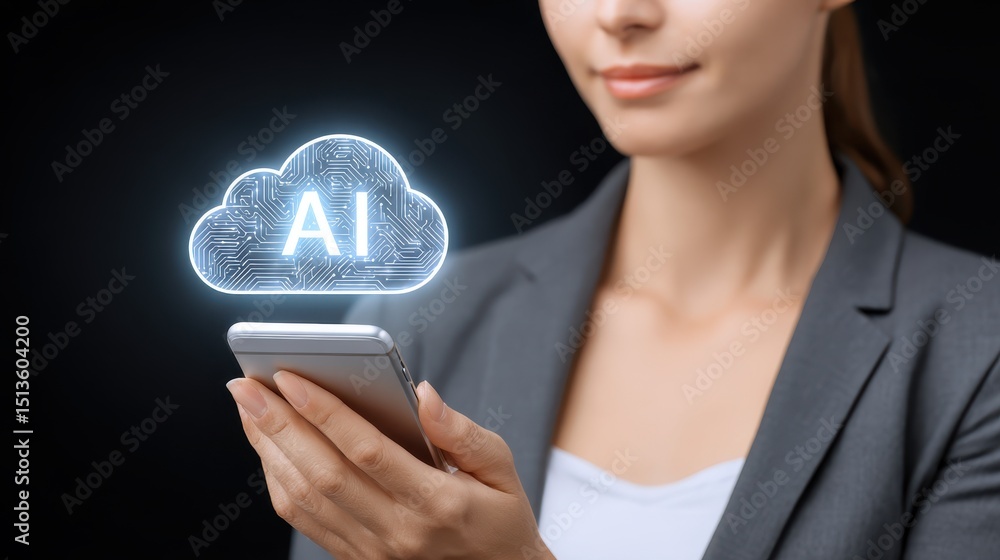 Poster a professional woman interacts with a smartphone displaying a glowing cloud symbol representing arti
