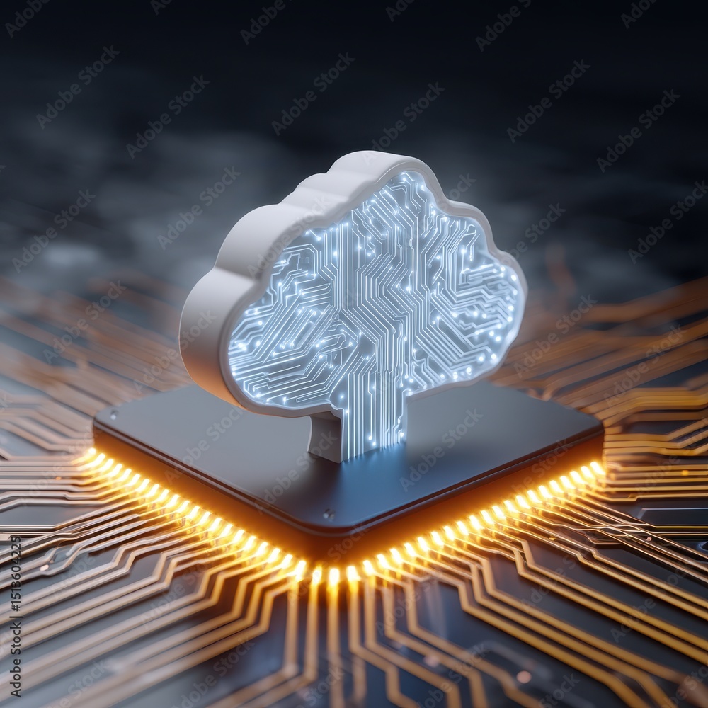 Poster digital cloud symbol with a circuit design sits atop a microchip, representing technology and connec