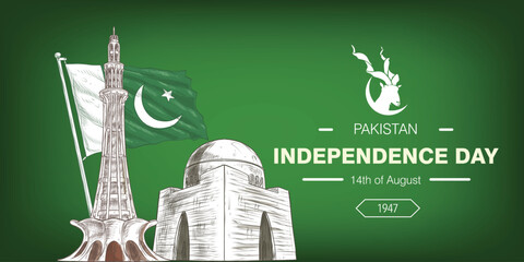 Mazar-e-Quaid with flag in landscape, pakistan  independance day, social media banner with markhor