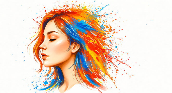 Watercolor side profile of woman with vibrant splatter hair on white