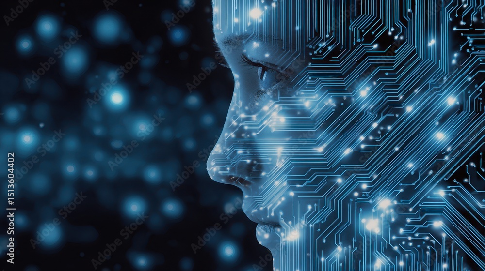 Poster a digital representation of a human face overlaid with circuit patterns, symbolizing technology and 