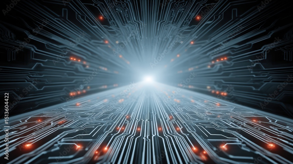 Aufkleber a futuristic digital tunnel lined with circuit patterns leading to a bright light source, symbolizin