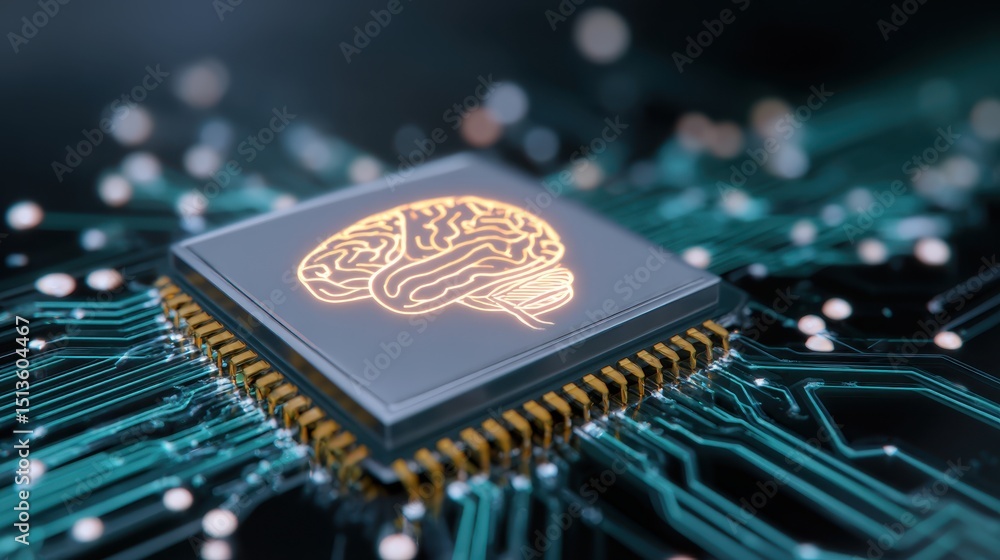 Poster a close-up of a computer chip featuring a brain design, symbolizing the intersection of technology a