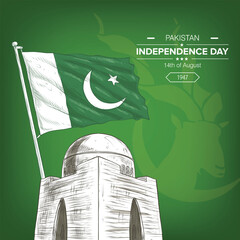 Mazar-e-Quaid with flag, pakistan  independance day, social media banner with markhor background