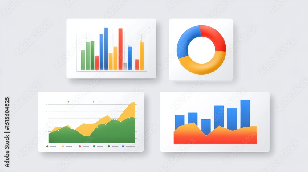 Aufkleber digital dashboards display various colorful charts and graphs for data analysis and visualization.