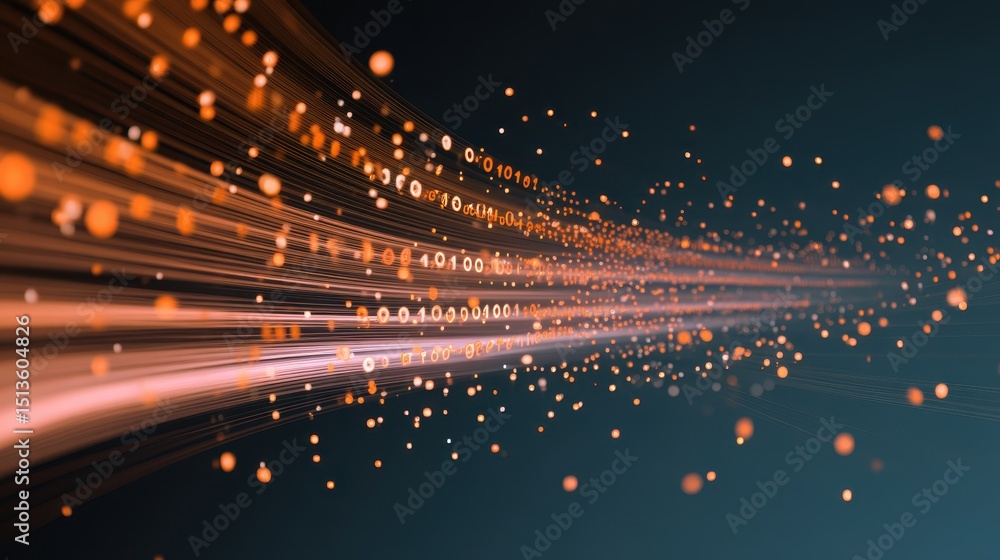 Poster flowing digital data streams with glowing particles against a dark background, symbolizing technolog