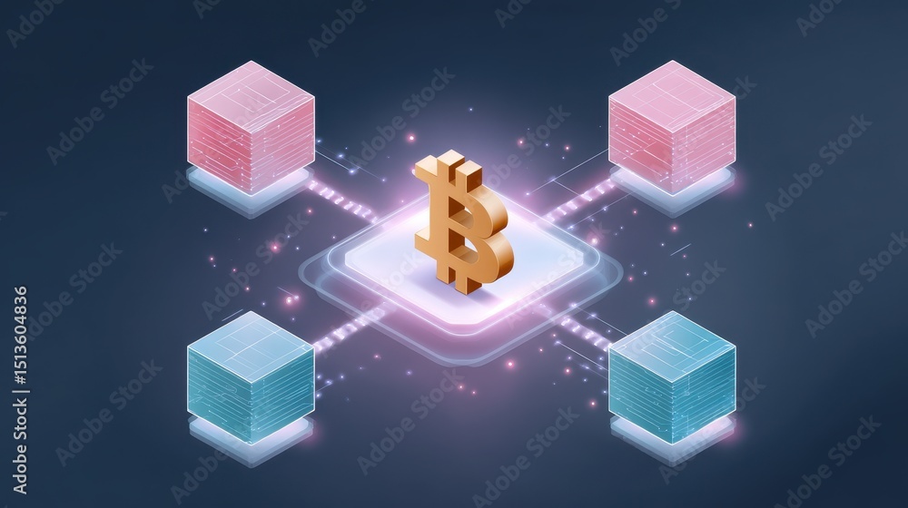 Poster digital illustration of bitcoin surrounded by interconnected blocks, symbolizing blockchain technolo
