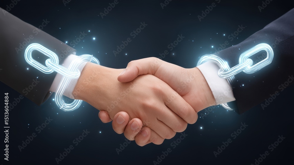 Poster two hands shaking with glowing chains, symbolizing partnership and connection in a digital or busine