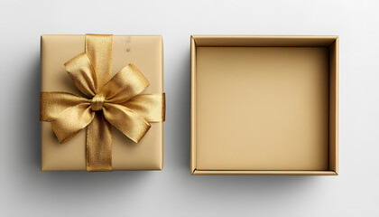 Empty open golden gift box with golden ribbon bow on transparent or white background, flat lay, top view, product placement