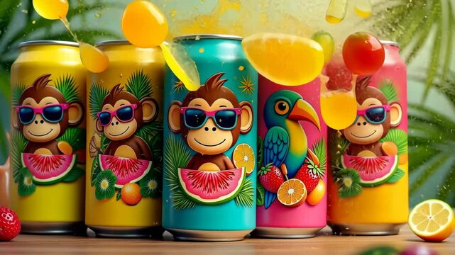 Colourful cans of the refreshing drink are presented, featuring playful designs with cheerful monkeys, a parrot and brightly coloured fruits with an explosion of colourful fruits. 