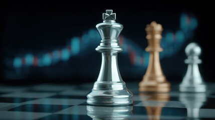 A close-up of a silver king chess piece with a blurred background featuring other chess pieces and abstract data visuals.