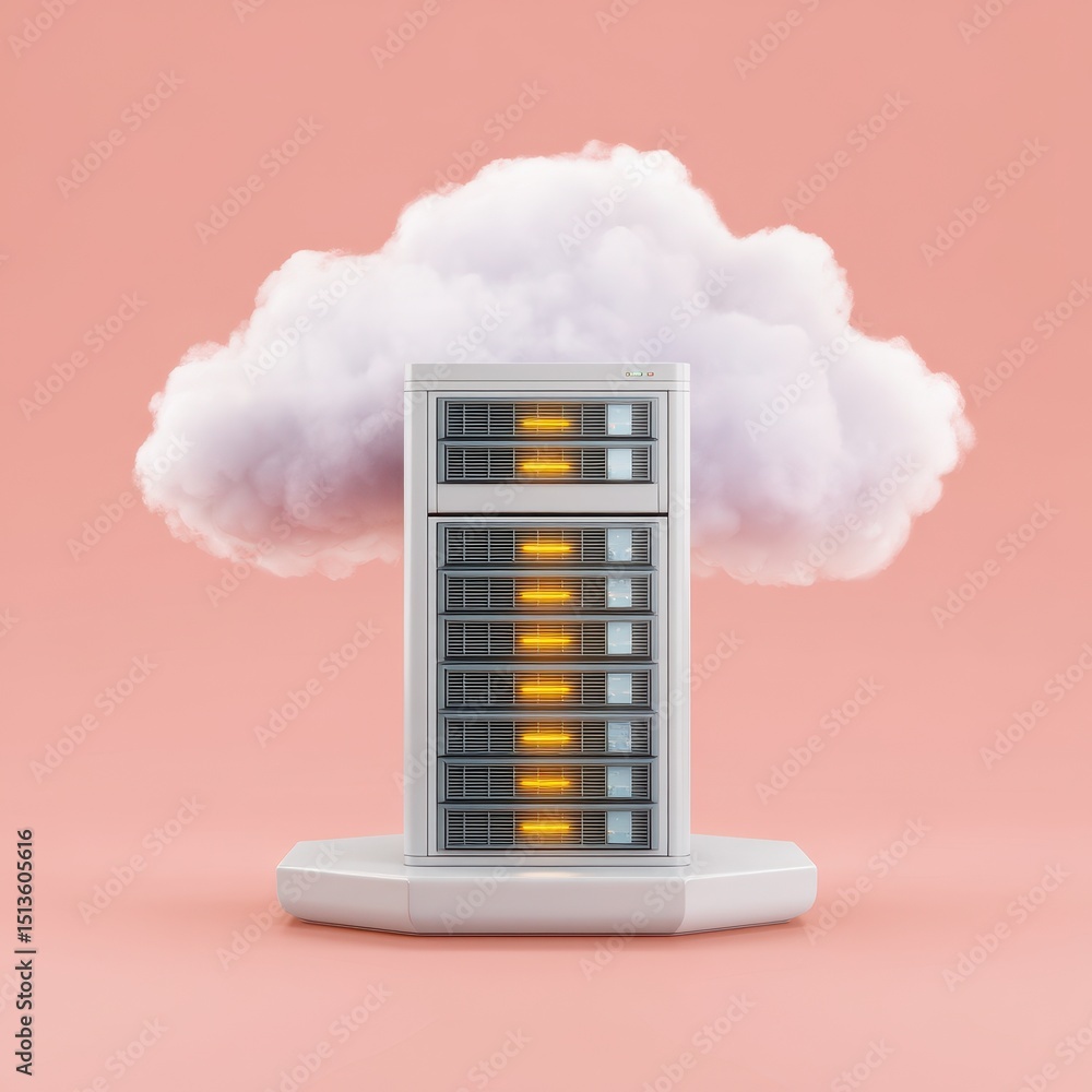 Poster a server tower emerges from a fluffy cloud against a pink backdrop, symbolizing cloud computing and 