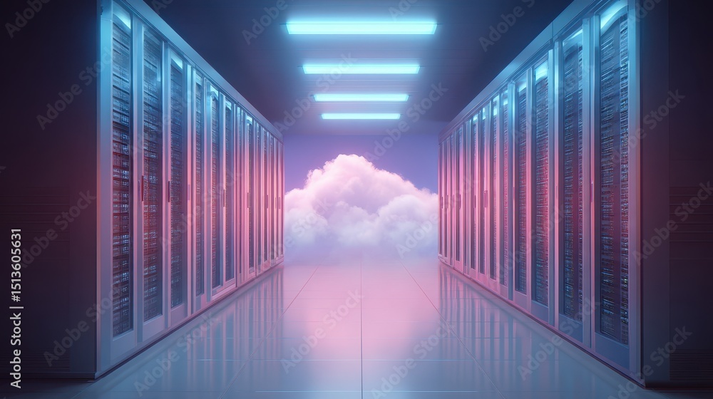 Poster futuristic server room with glowing lights and a surreal cloud backdrop, representing technology and