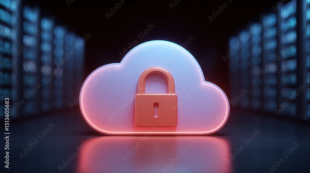 Poster cloud icon with a padlock, set against a backdrop of server racks, symbolizing data security and pro