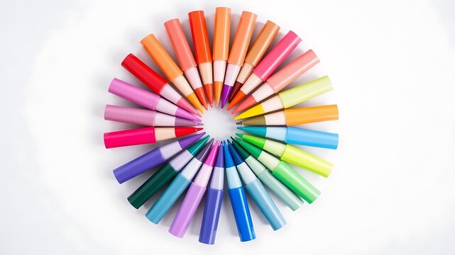 Colorful markers arranged in a circular pattern depicting a creative artistic concept