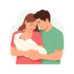 Obraz premium parenthood concept, flat vector illustration of young adult couple holding a baby in their arms