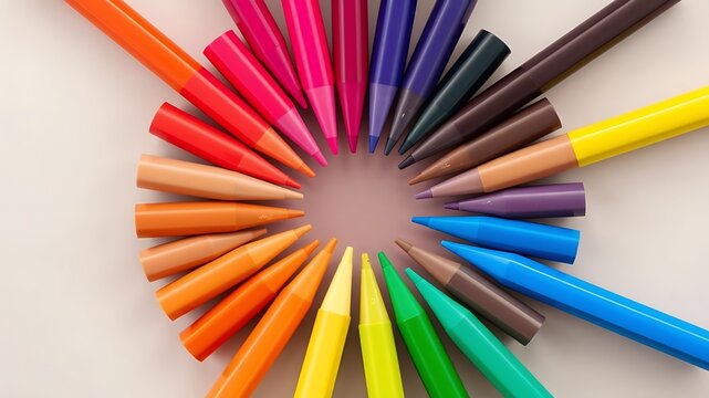 Vibrant array of colored pencils arranged in a circular pattern on a light surface