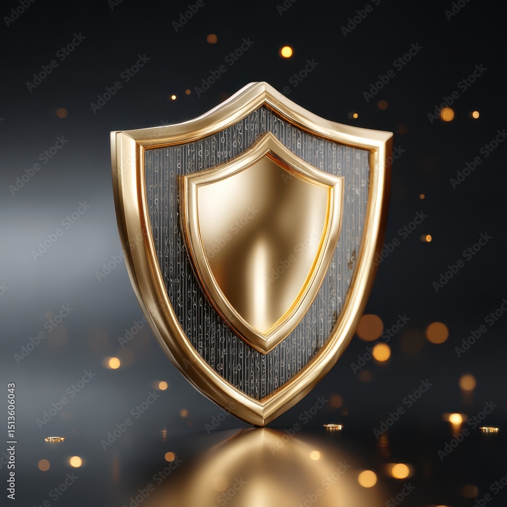 Poster a shiny golden shield with intricate patterns, set against a dark background with sparkling lights, 