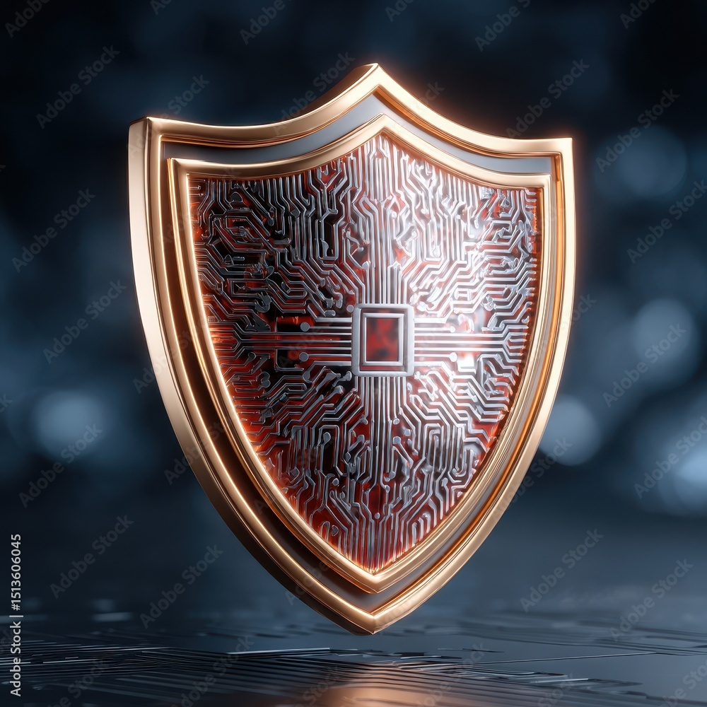 Poster digital shield design featuring intricate circuitry and a central red element, symbolizing security 