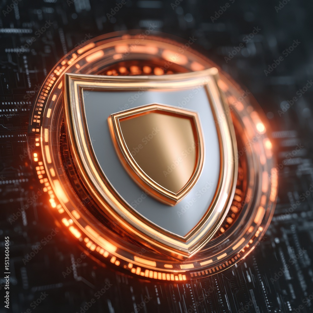 Poster a digital shield emblem with glowing edges, representing security and protection in a technological 
