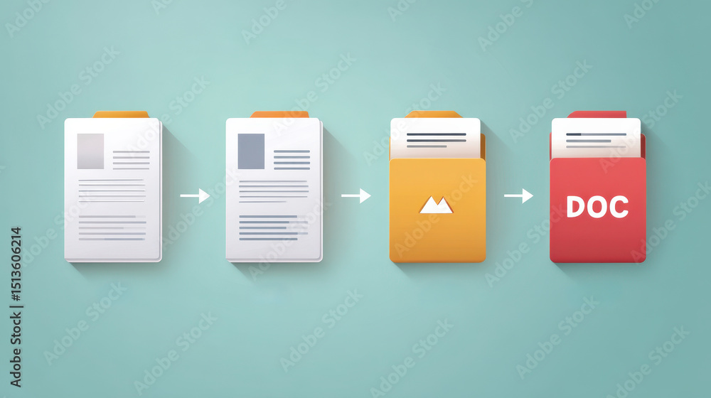Aufkleber digital illustration depicting a sequence of document transformations, showcasing file types from te