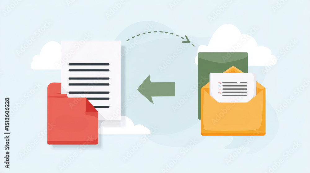 Poster digital illustration of file transfer between folders and envelopes in a cloud environment, depictin