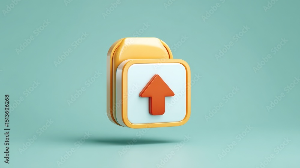 Poster a 3d illustration of an upward arrow icon symbolizing upload functionality, set against a smooth, li
