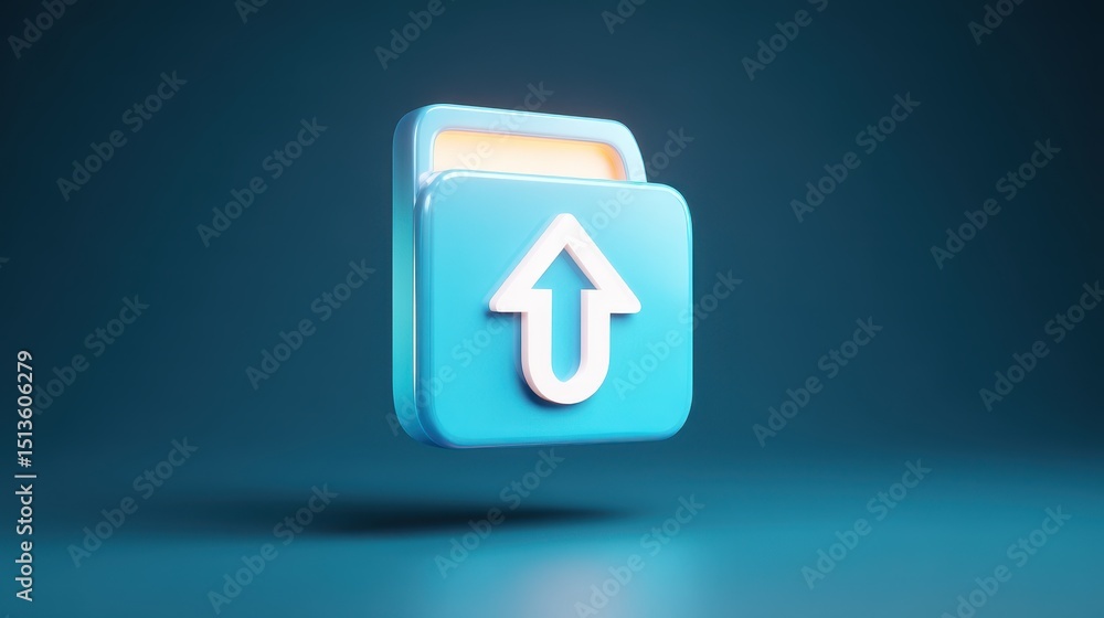 Poster a 3d icon depicting an upload symbol overlaid on a folder, set against a blue background, representi