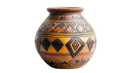Aztec-style pottery jar with geometric patterns Transparent background, PNG file