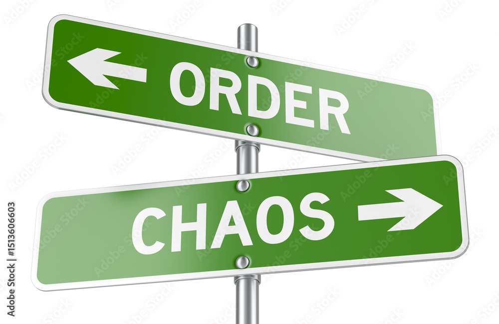 Poster order vs chaos directional signs, choice concept, 3d rendering isolated on transparent background