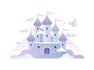 whimsical cloud castle vector flat minimalistic illustration 