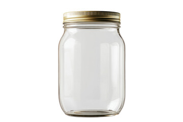 Clear empty glass jar with metal lid isolated on white background for storage, packaging, or household use, showcasing transparency and minimalist design
