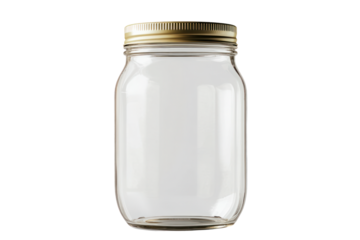 Clear empty glass jar with metal lid isolated on white background for storage, packaging, or household use, showcasing transparency and minimalist design
