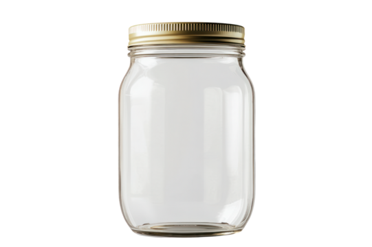 Clear empty glass jar with metal lid isolated on white background for storage, packaging, or household use, showcasing transparency and minimalist design