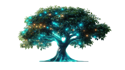 Biotech tree with glowing sensors, Transparent background, PNG file